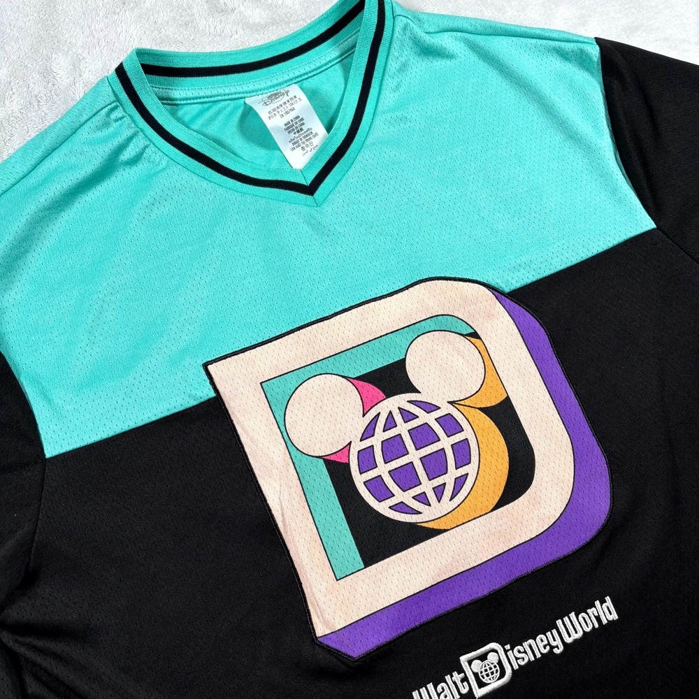 Walt Disney World Soccer Jersey Mens Medium Black Teal Retro Mickey Globe‎ Logo